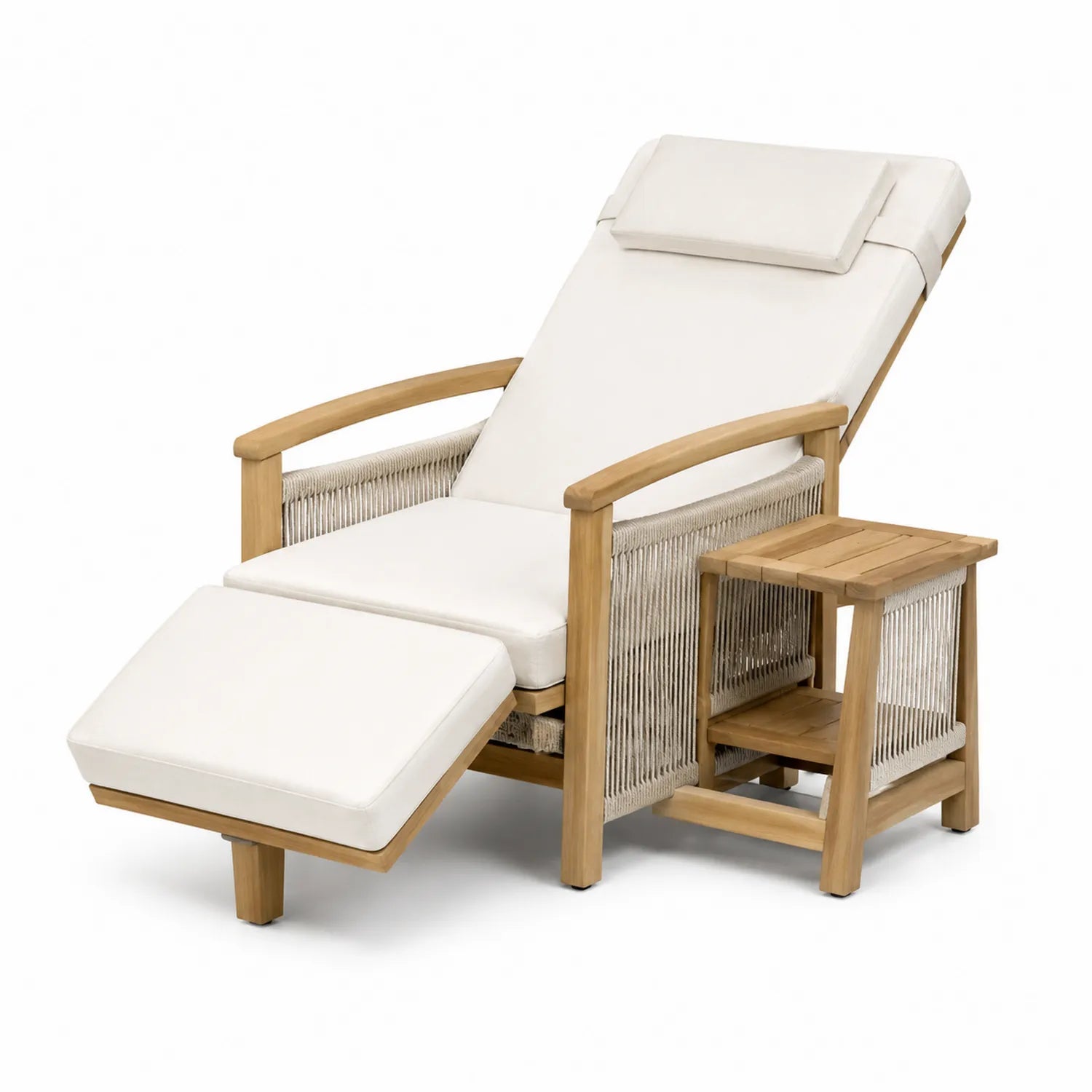 Chaise Longue in Legno di Teak con Cuscino e Tavolino