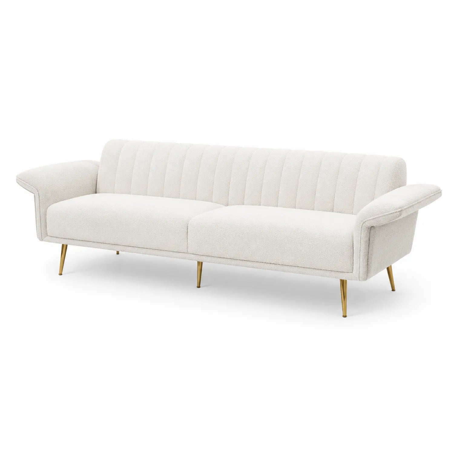 Divano a 3 posti in bouclé beige con gambe in metallo dorato