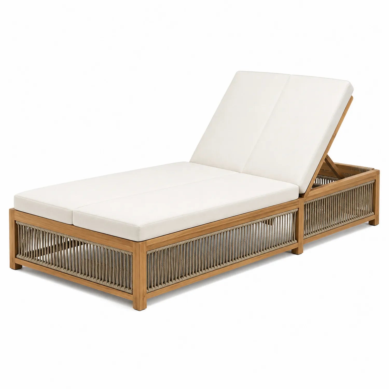 Lettino da giorno regolabile in teak e corda con cuscino poliestere bianco