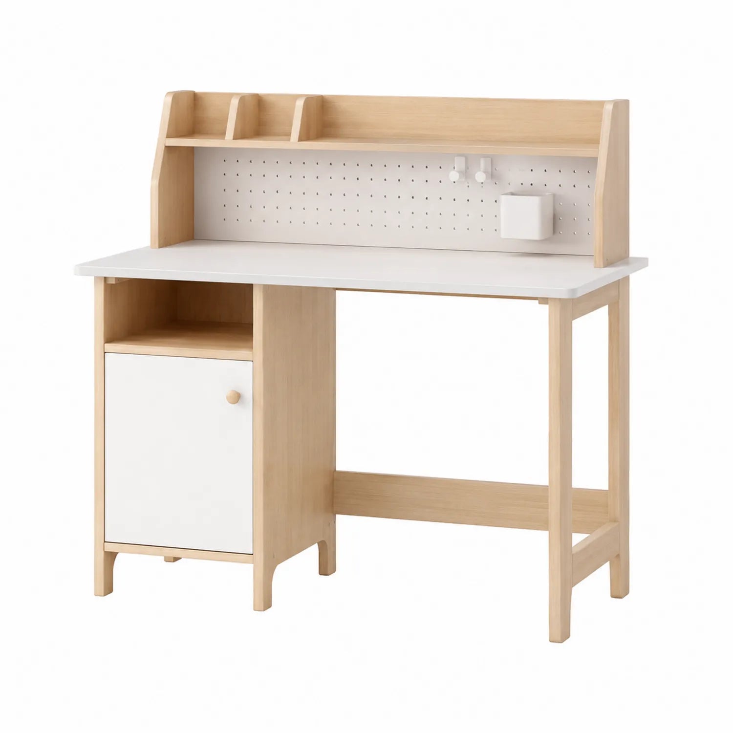 Scrivania in legno con pannello e ripiani bianchi 120x60x120 cm
