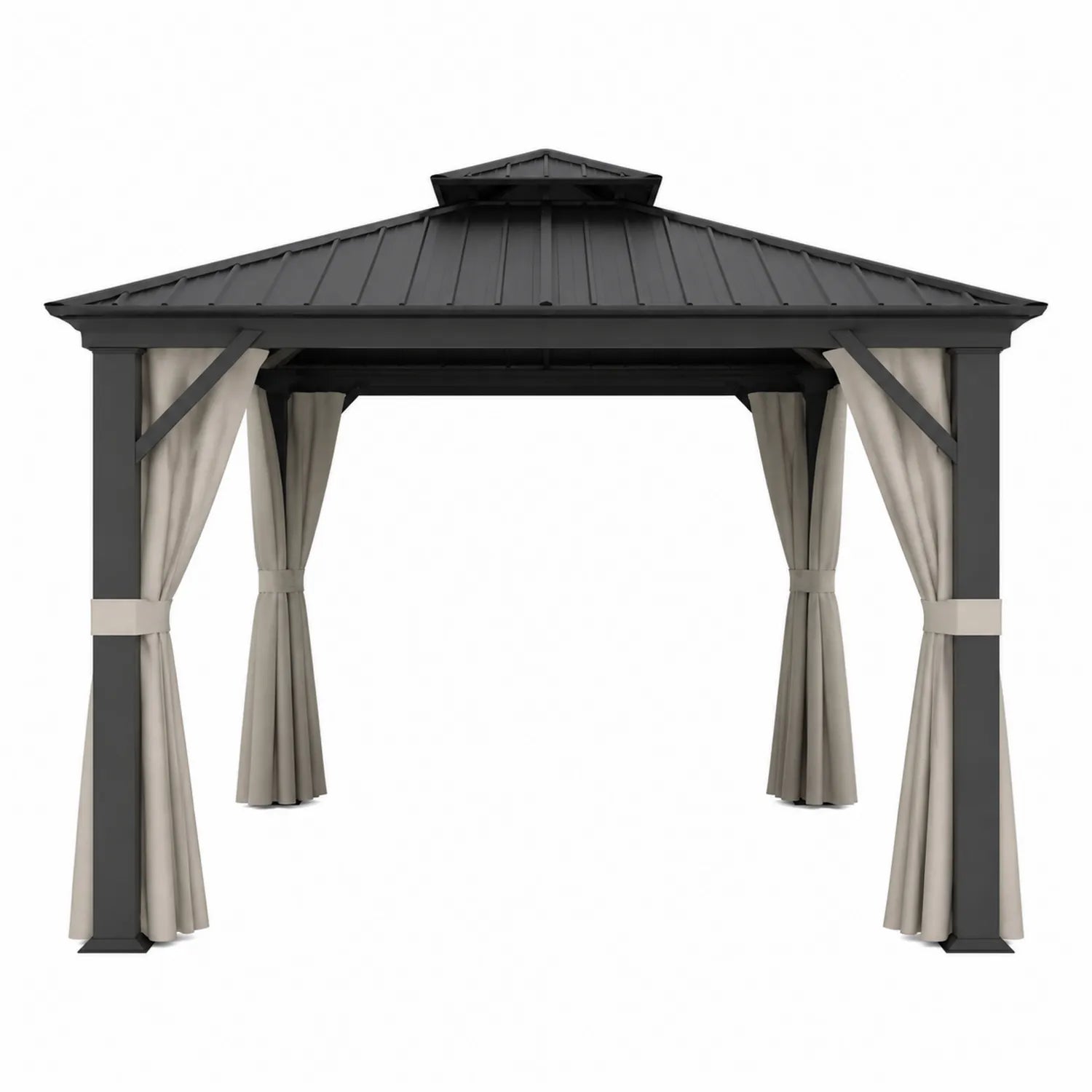 Gazebo da Giardino in Alluminio Nero con Tende in Poliestere Beige