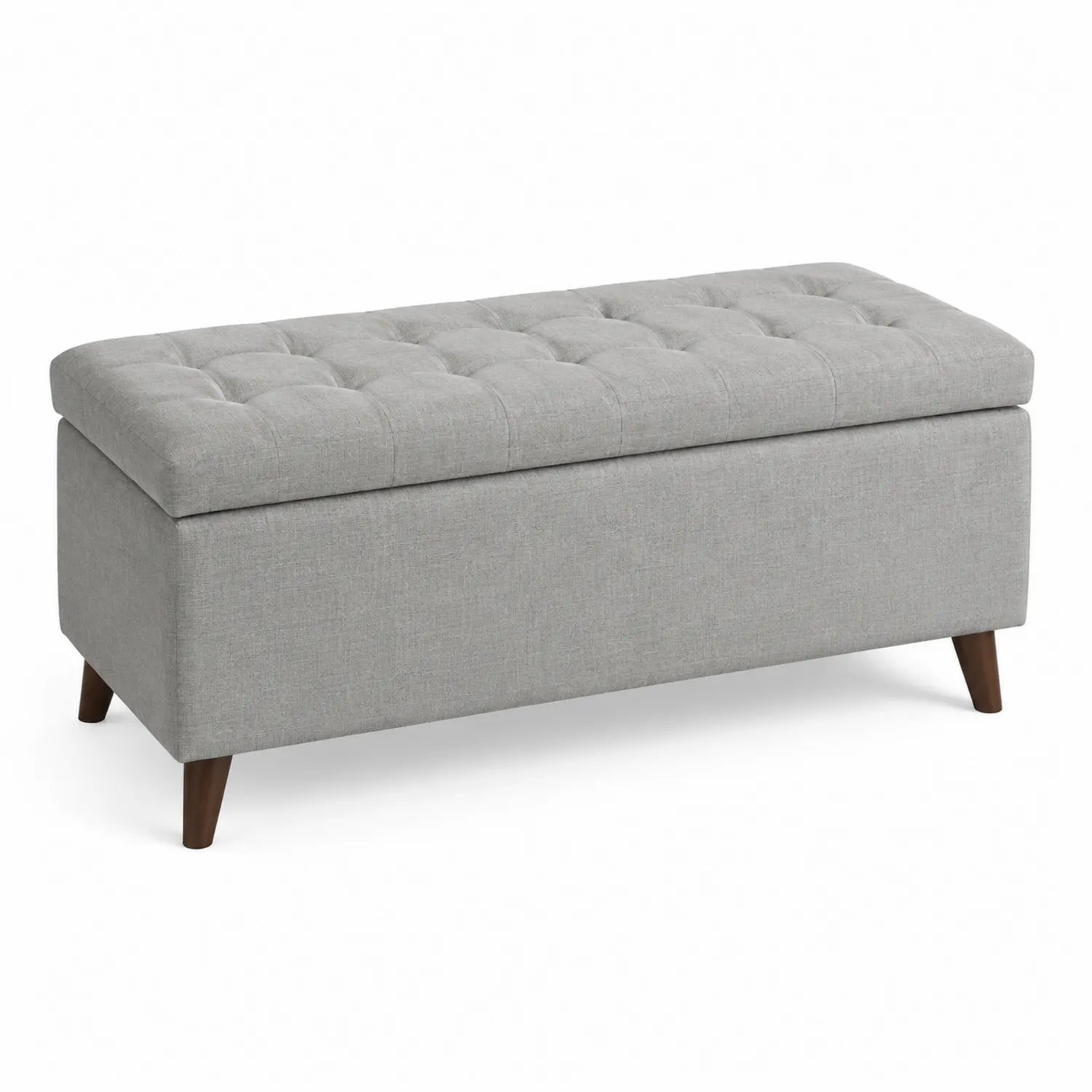 Panca contenitore in tessuto grigio con gambe in legno