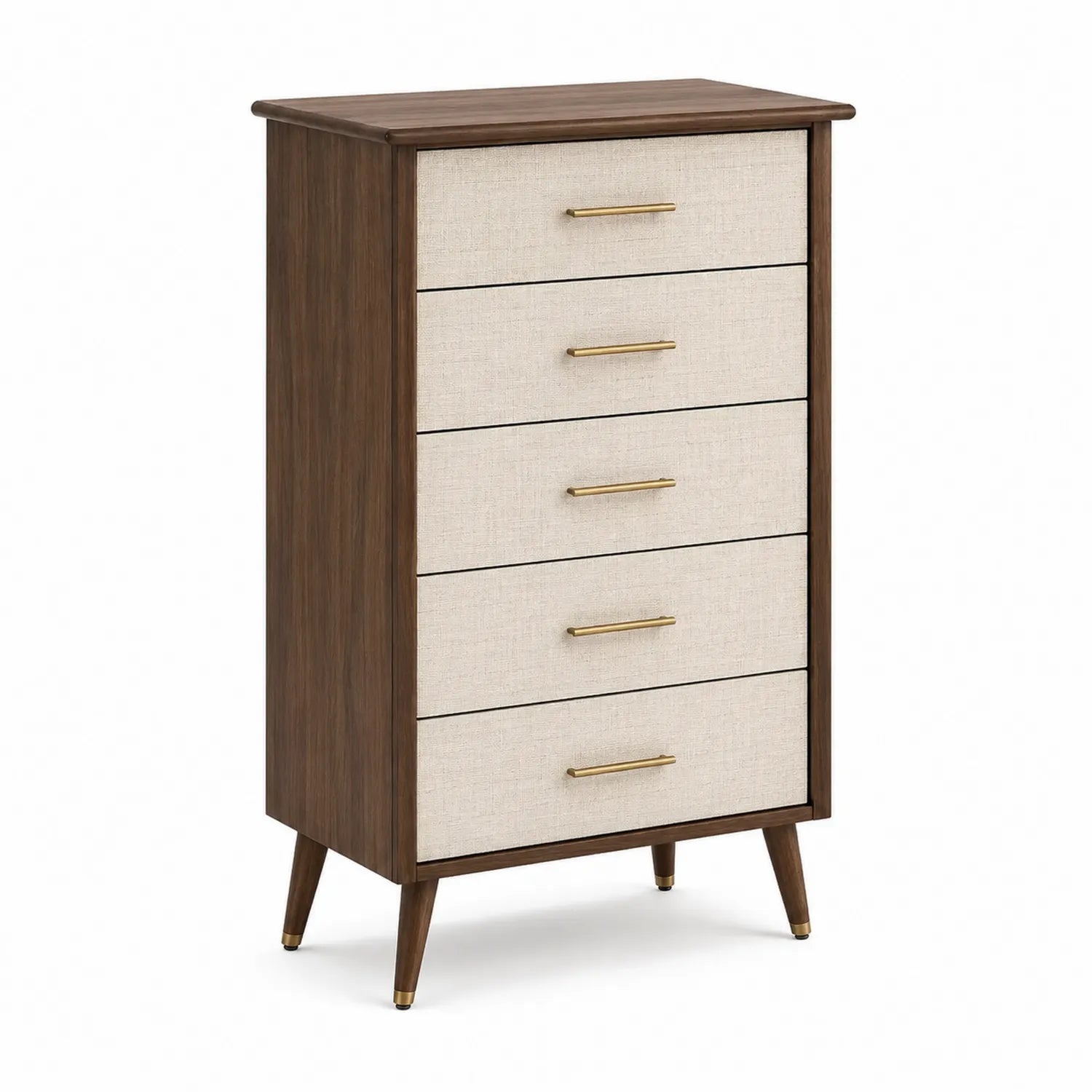 Cassettiera in Legno di Noce e Tessuto Beige a 5 Cassetti