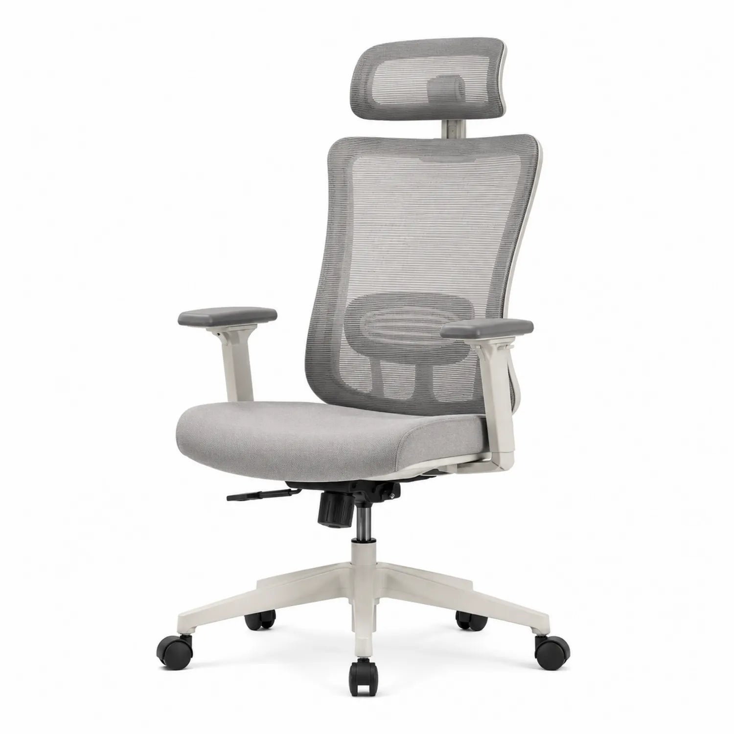 Sedia ergonomica regolabile in tessuto grigio con poggiatesta