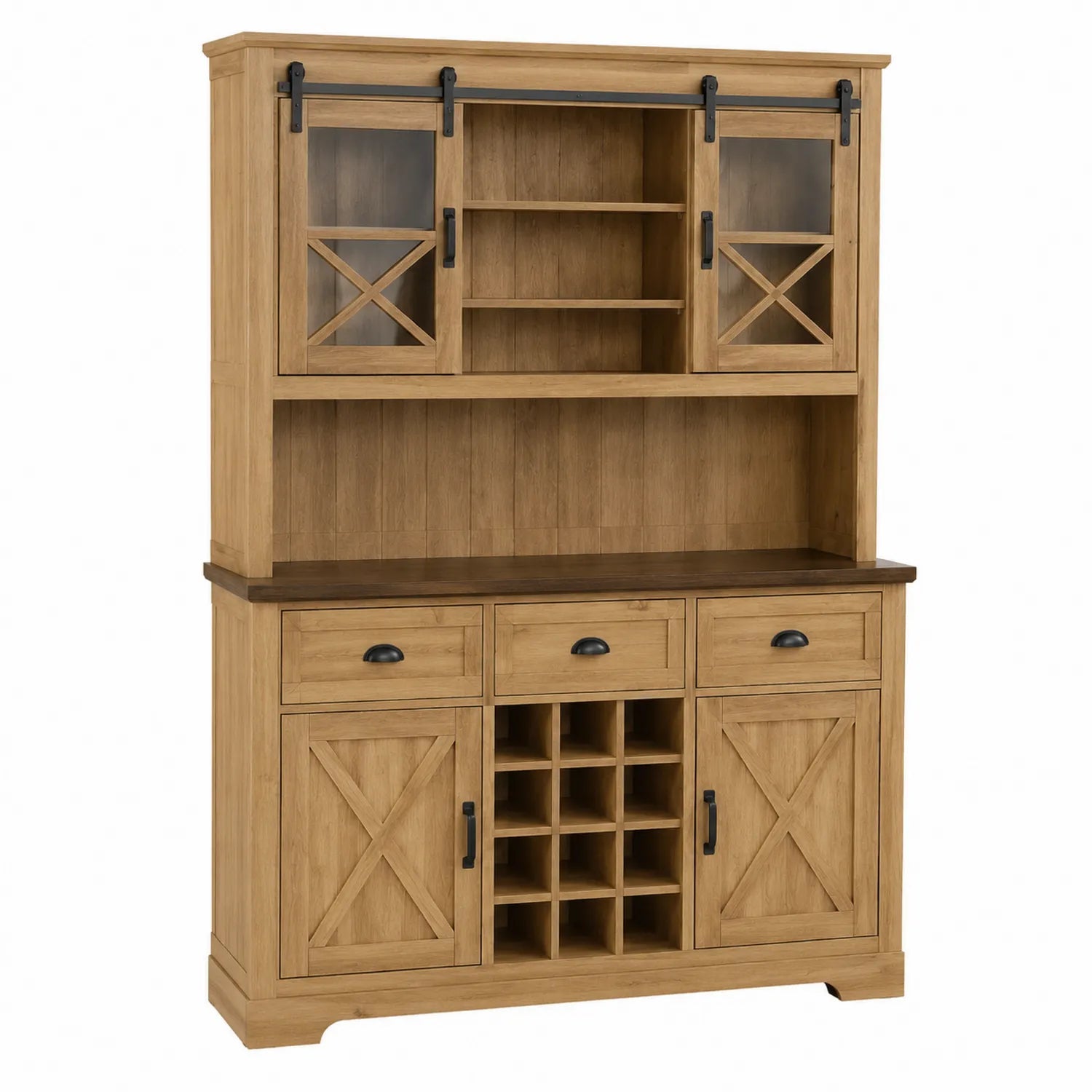 Credenza in legno con ante scorrevoli in vetro e ripiani aperti, rovere 200x45x210cm