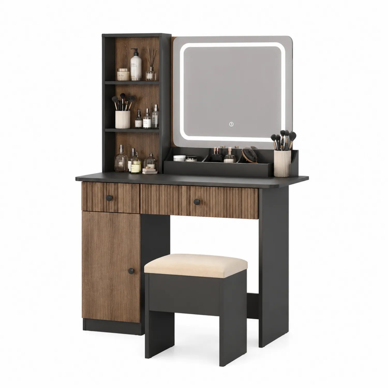 Toletta in Legno e Metallo Nero con Specchio LED e Sgabello 120x40x150 cm