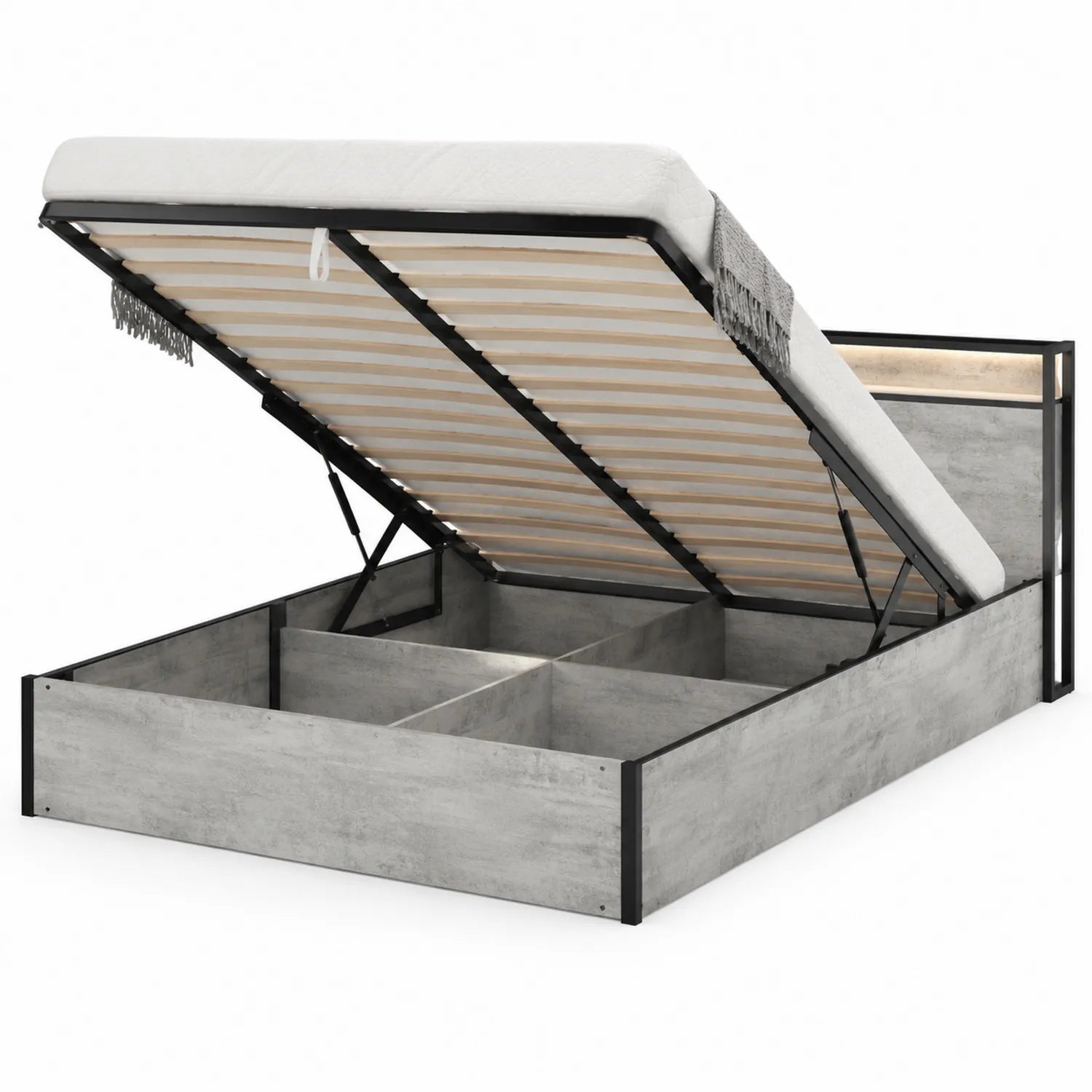 Letto contenitore matrimoniale in legno e metallo grigio 200x160 cm