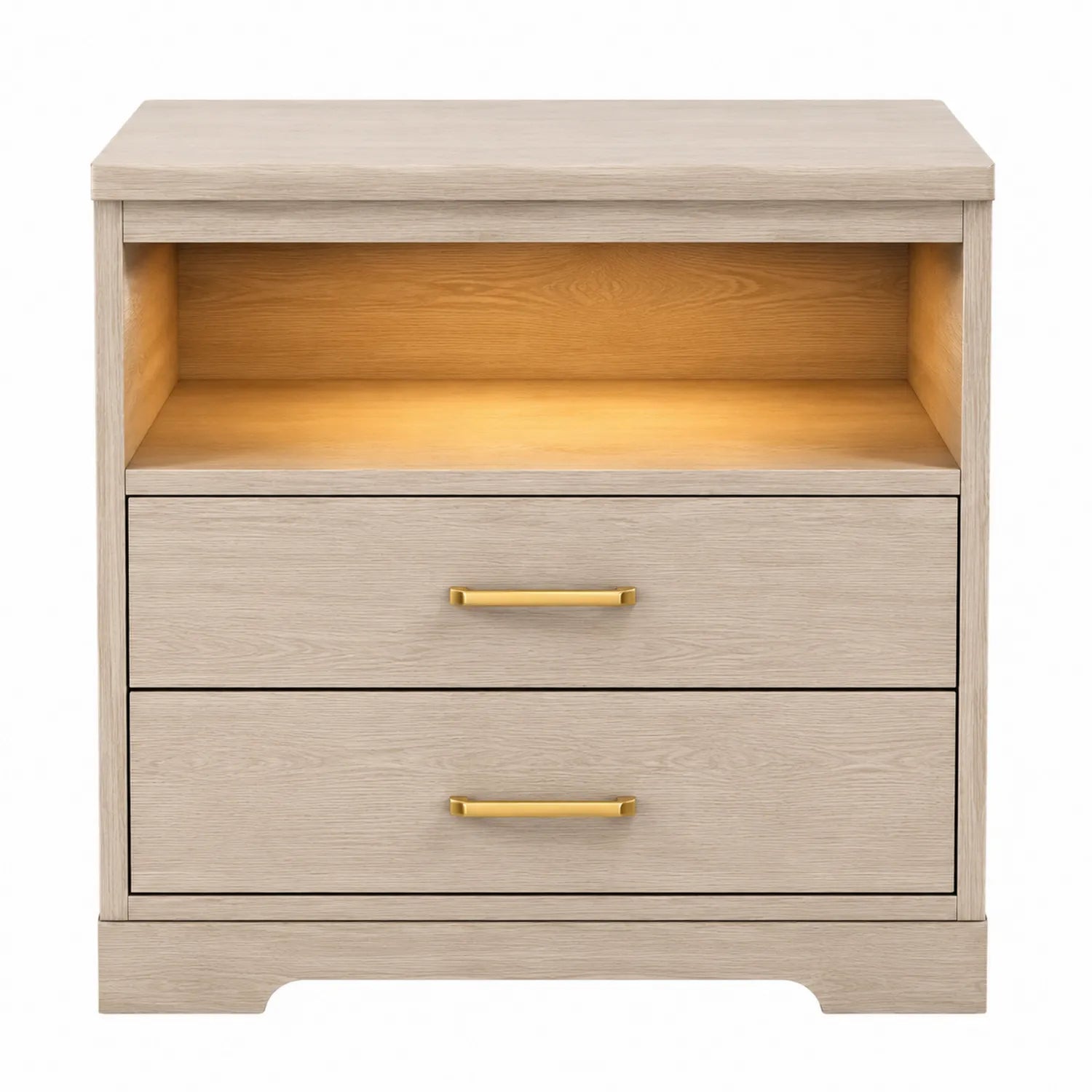 Comodino in legno con 2 cassetti e scomparto aperto illuminato
