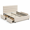 Letto con contenitore in tessuto beige con testiera imbottita e cassetti