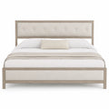 Letto matrimoniale in legno e tessuto beige con cuscino decorativo