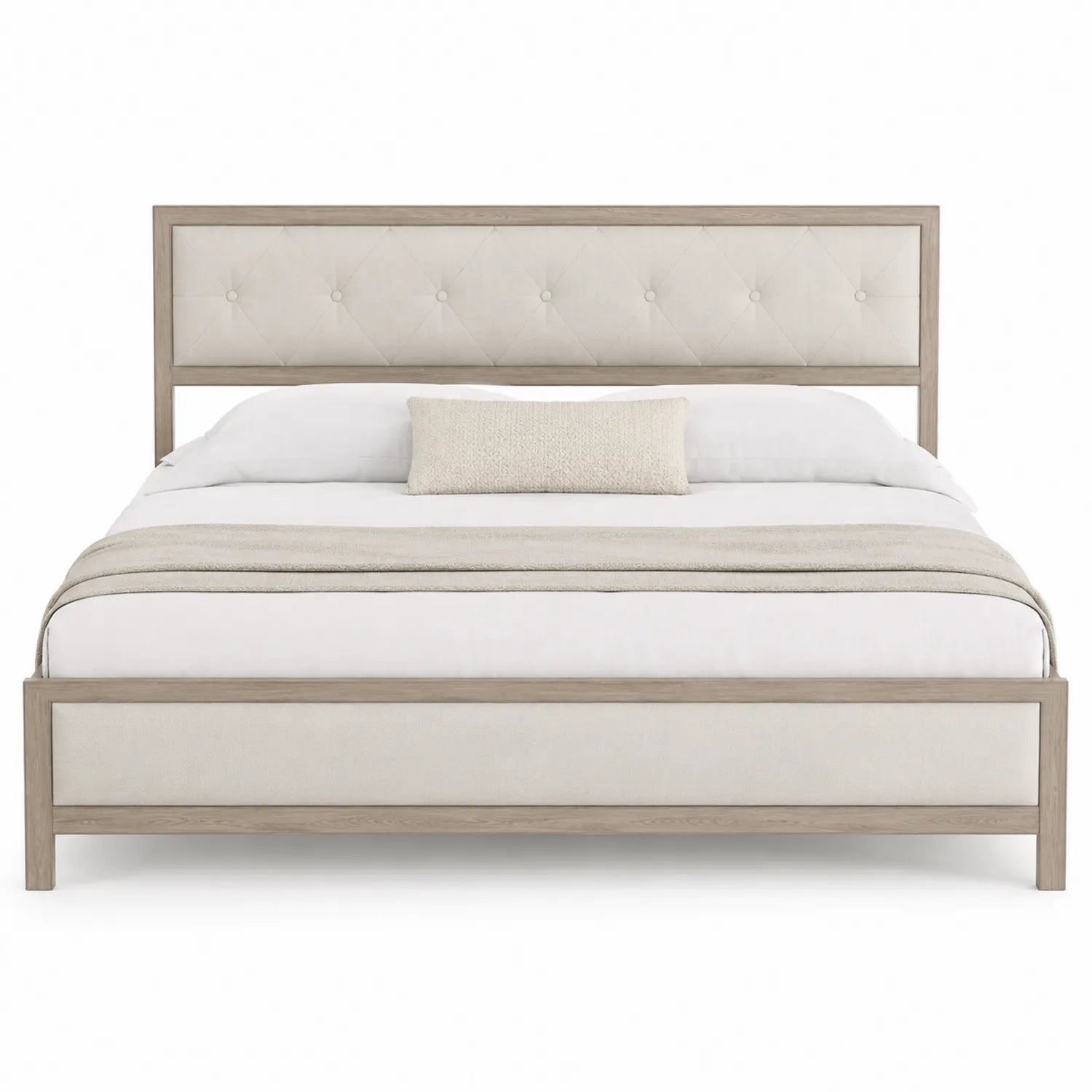 Letto matrimoniale in legno e tessuto beige con cuscino decorativo