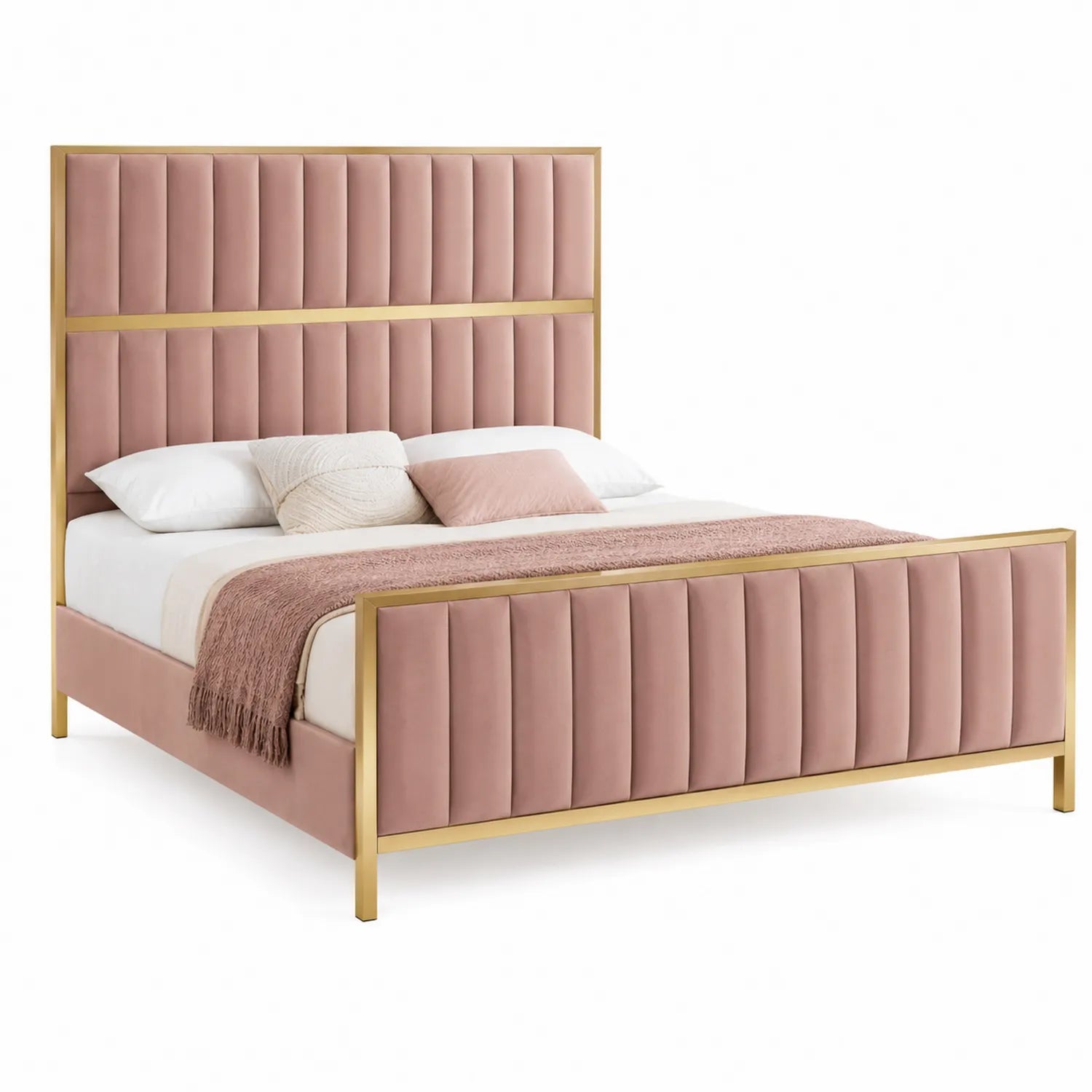 Letto matrimoniale in velluto rosa con struttura in metallo dorato